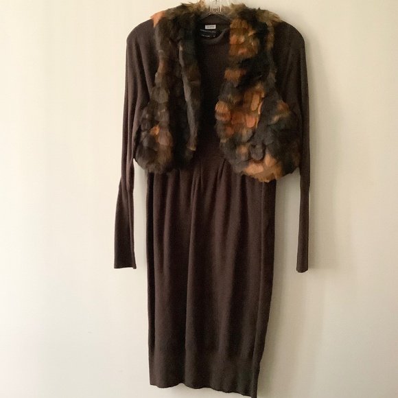 BCBG Max Aziria long sleeves dress and faux fur vest - Picture 1 of 5
